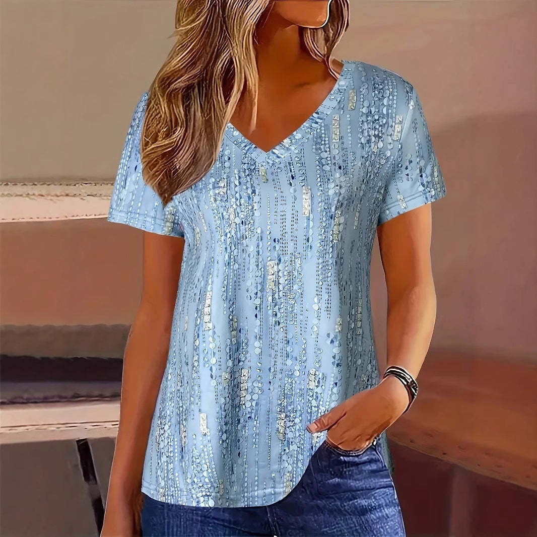 Damen Glitzerndes V-Ausschnitt T-Shirt mit kurzen Ärmeln Stalluxe