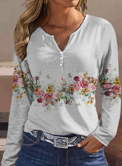 Damen Langarmshirt mit floralem Motiv und Knopfdetails Stalluxe