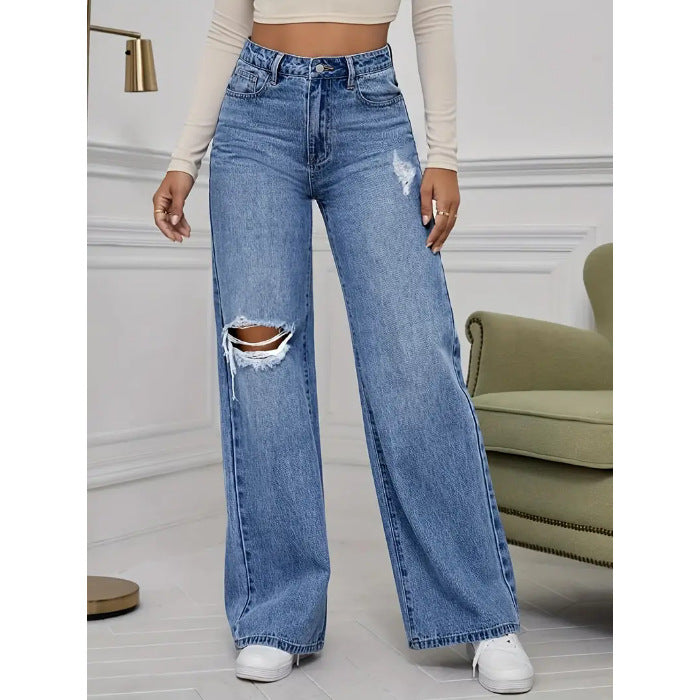 Damen Weite Jeans mit schicken Rissdetails und hohem Bund Stalluxe