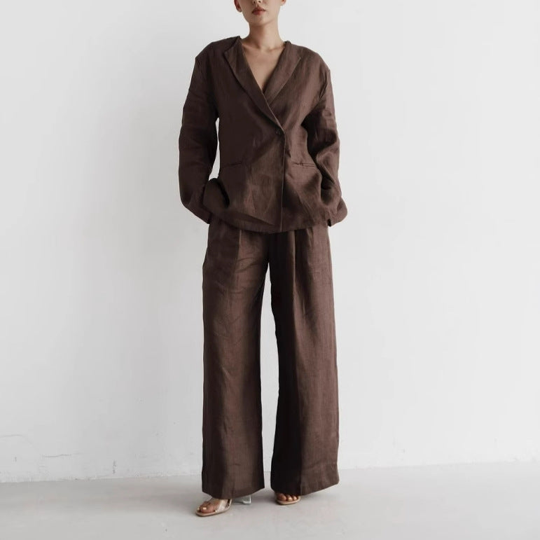 Damen elegantes Leinenanzug-Set mit langärmliger Jacke und weitem Schnitt Stalluxe