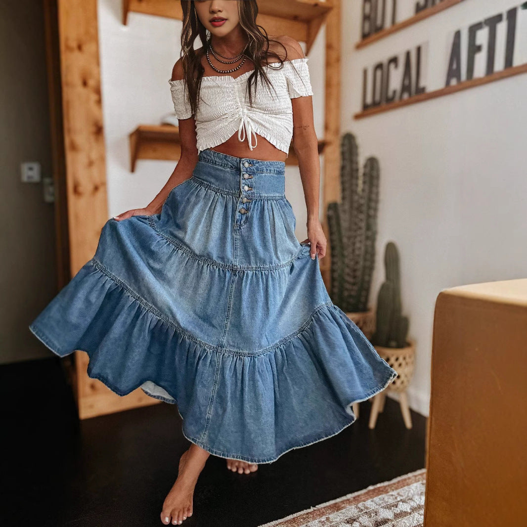 Damen Denim Maxirock mit Volant und Knopfleiste Stalluxe