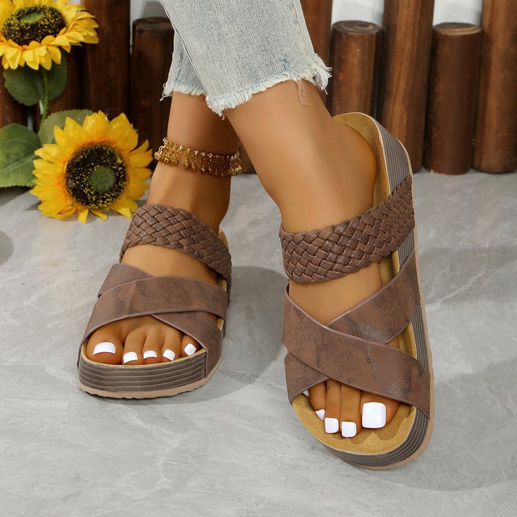 Damen Bequeme Zehentrenner-Sandalen mit geflochtenem Riemendesign und rutschfester Sohle Stalluxe