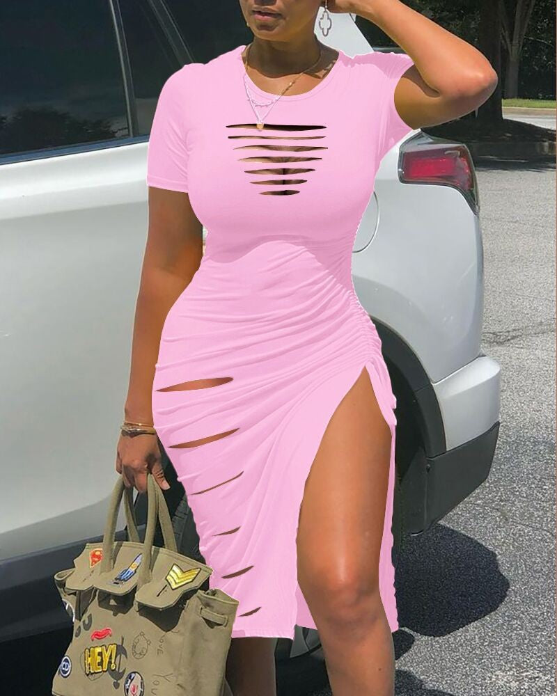 Damen figurbetontes Schlitzkleid mit Cut-Out-Details und Raffungen Stalluxe