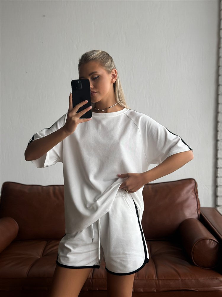 Damen sportliches Kurzarm-Set mit seitlichen Kontraststreifen und elastischer Taille Stalluxe