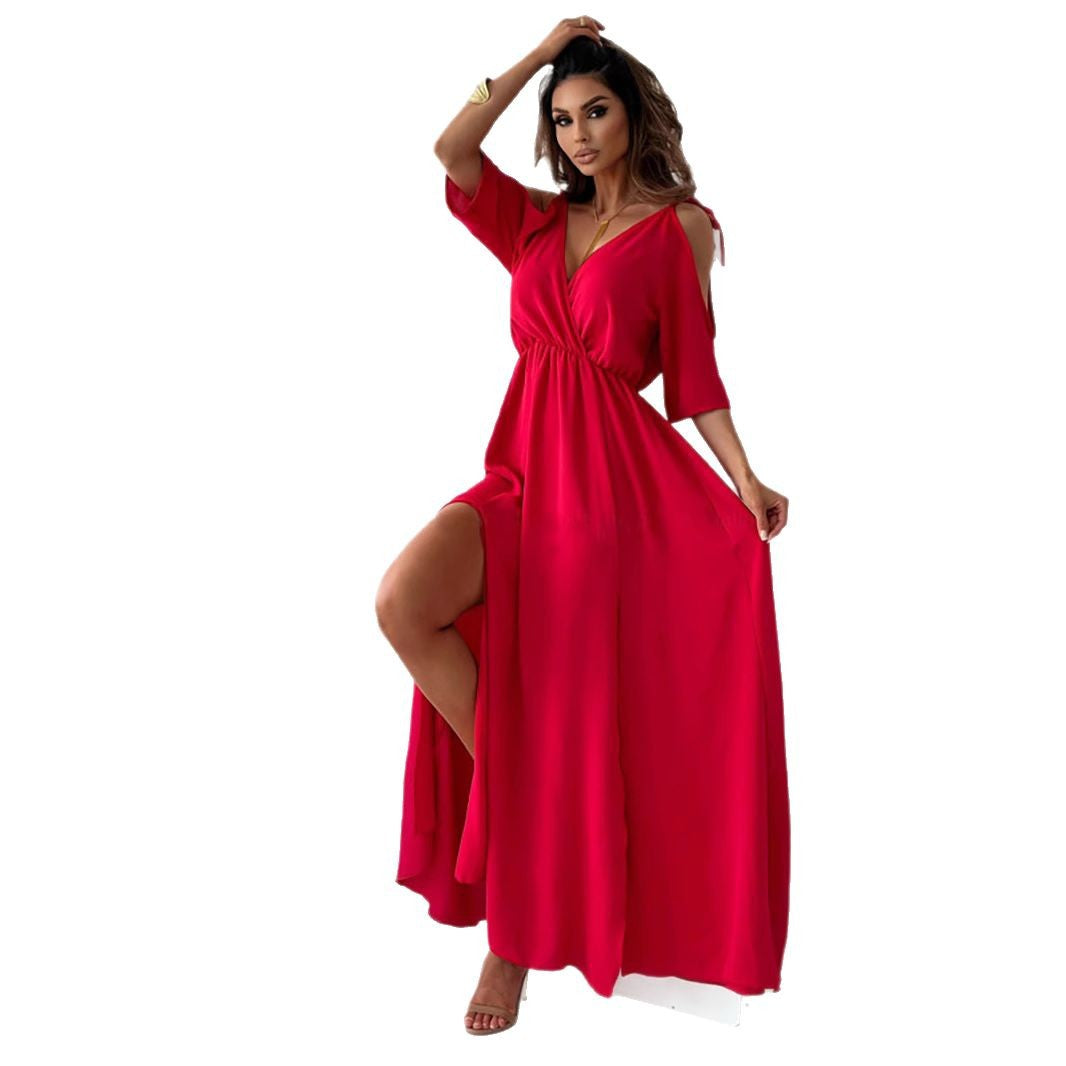 Damen Maxikleid mit schulterfreier Optik und elegantem V-Ausschnitt Stalluxe