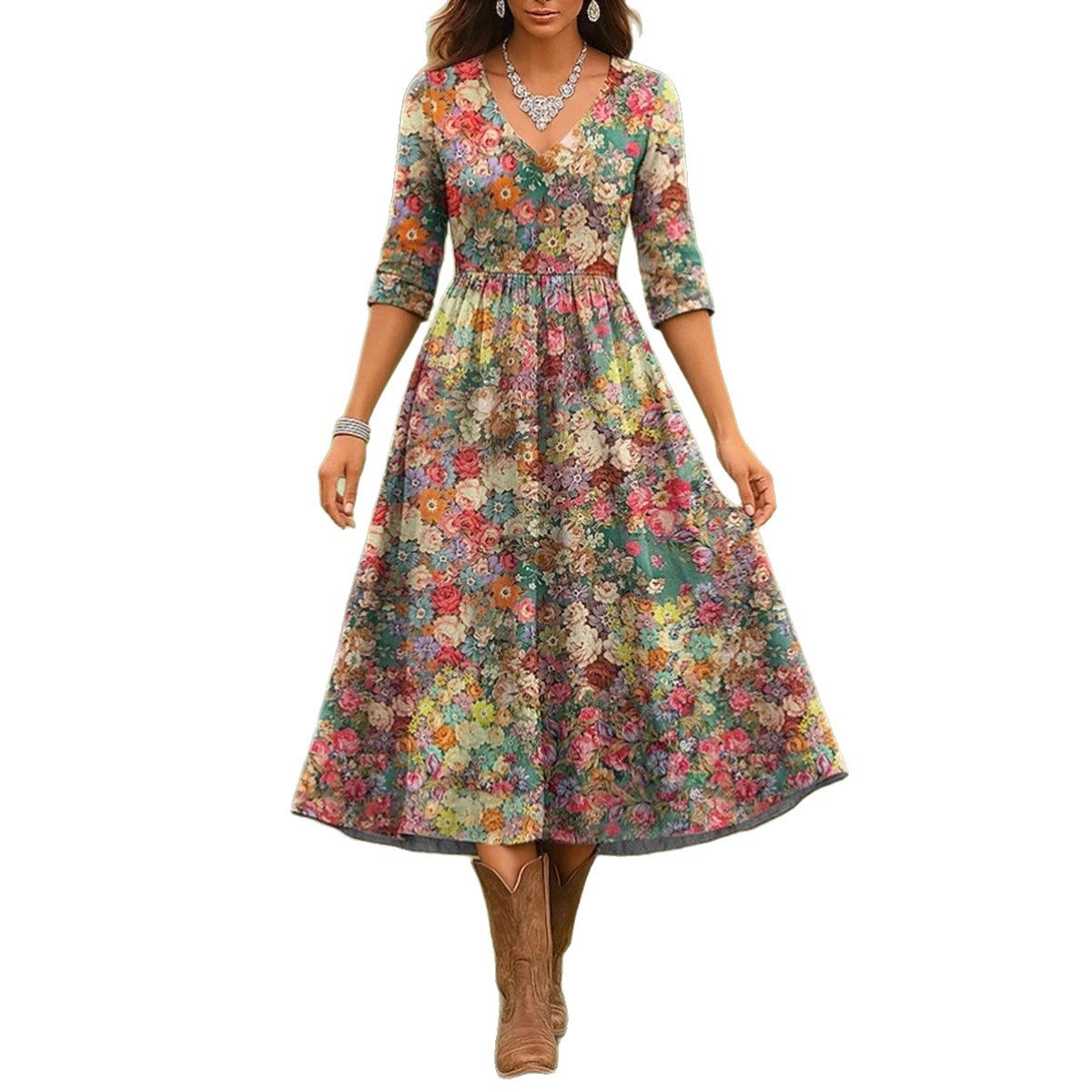 Damen Maxikleid mit floralem Design und elegantem V-Ausschnitt Stalluxe