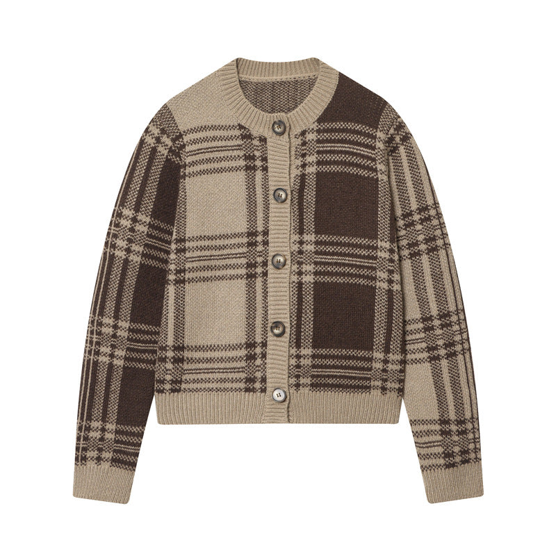 Damen modischer Karoknit-Pullover mit Knopfleiste und Rundhalsausschnitt Stalluxe