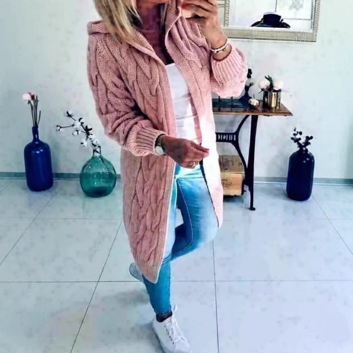 Damen Grobstrick-Cardigan mit Kapuze und Zopfmuster Stalluxe