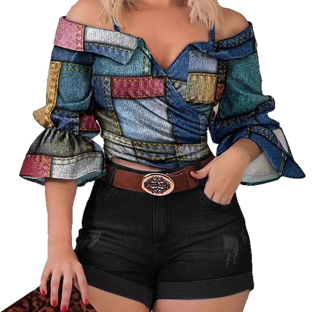 Damen Off-Shoulder Bluse mit buntem Streifenmuster und weiten Ärmeln Stalluxe