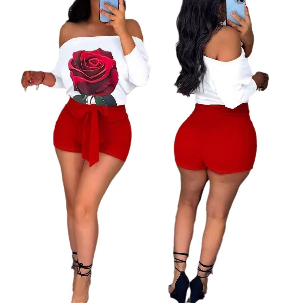 Damen Off-Shoulder Oberteil mit floralem Druck und kurzem Rock Stalluxe