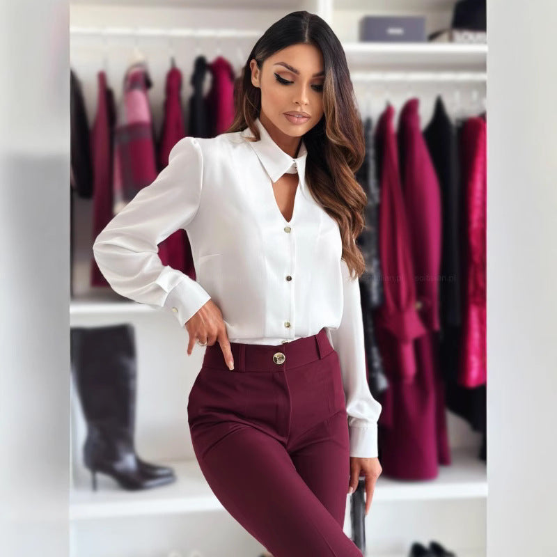 Damen elegante Chiffonbluse mit dekorativen Knöpfen und Stehkragen Stalluxe