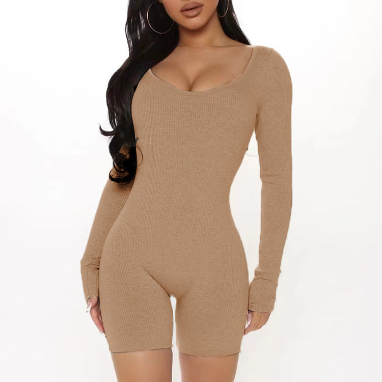 Damen Figurbetonter Jumpsuit mit langen Ärmeln und V-Ausschnitt Stalluxe
