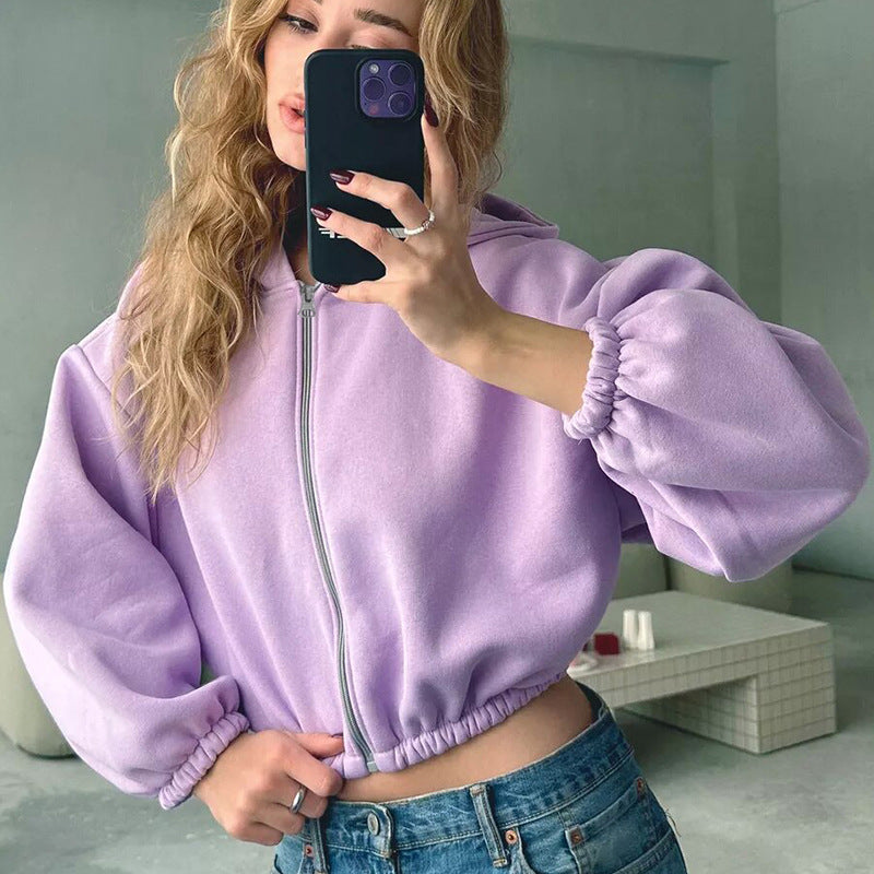 Damen cropped Kapuzenpullover mit voluminösen Ärmeln Stalluxe