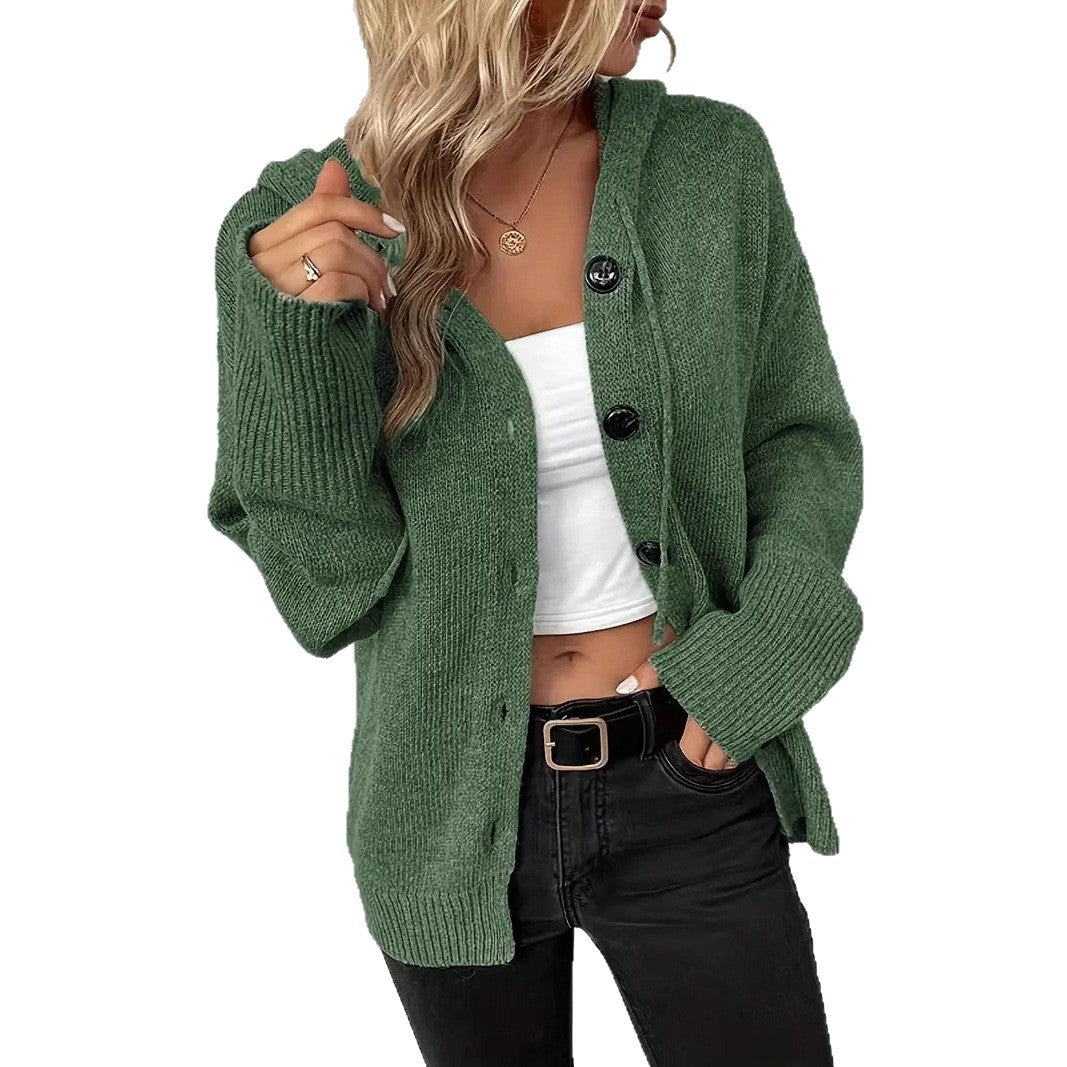 Damen gemütliche Strickjacke mit Kapuze und großen Knöpfen Stalluxe