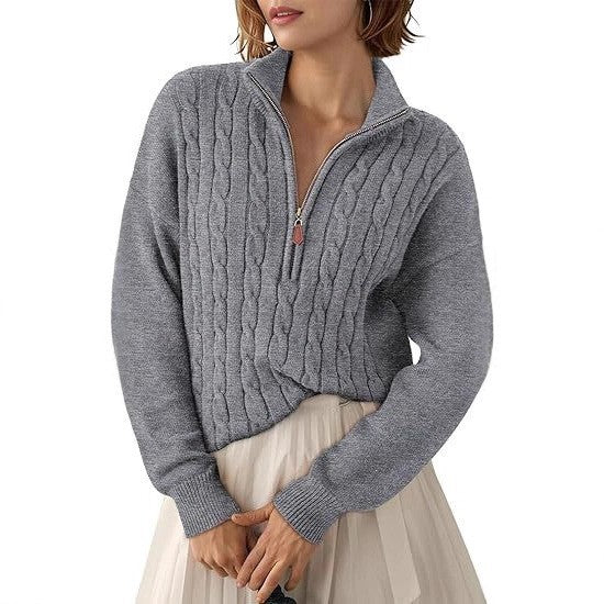 Damen Grobstrick Pullover mit Stehkragen und halbem Reißverschluss Stalluxe