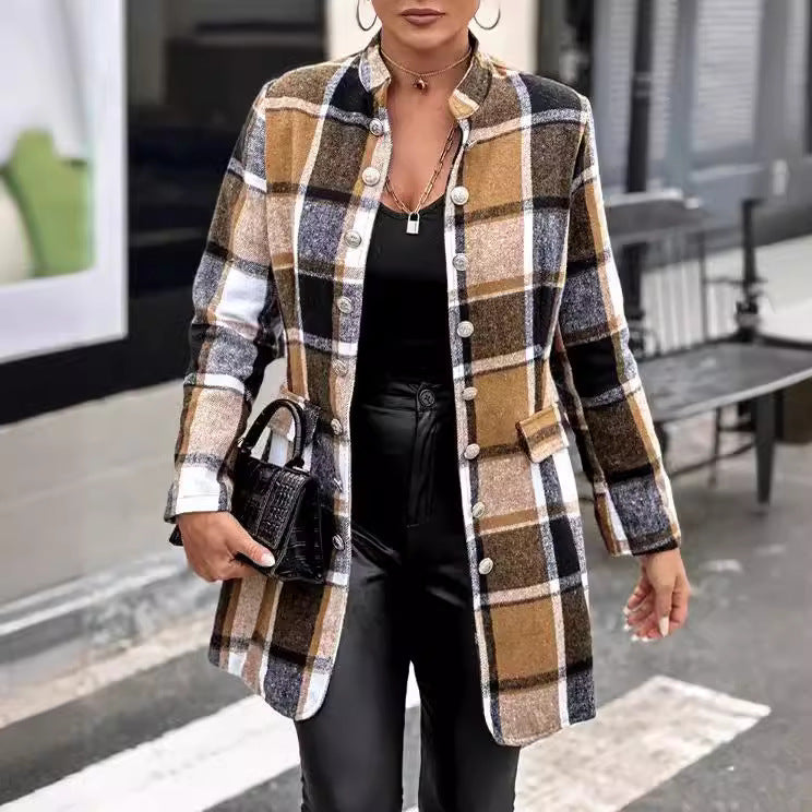 Damen Karo-Blazerjacke mit Knopfleiste und Taschen Stalluxe