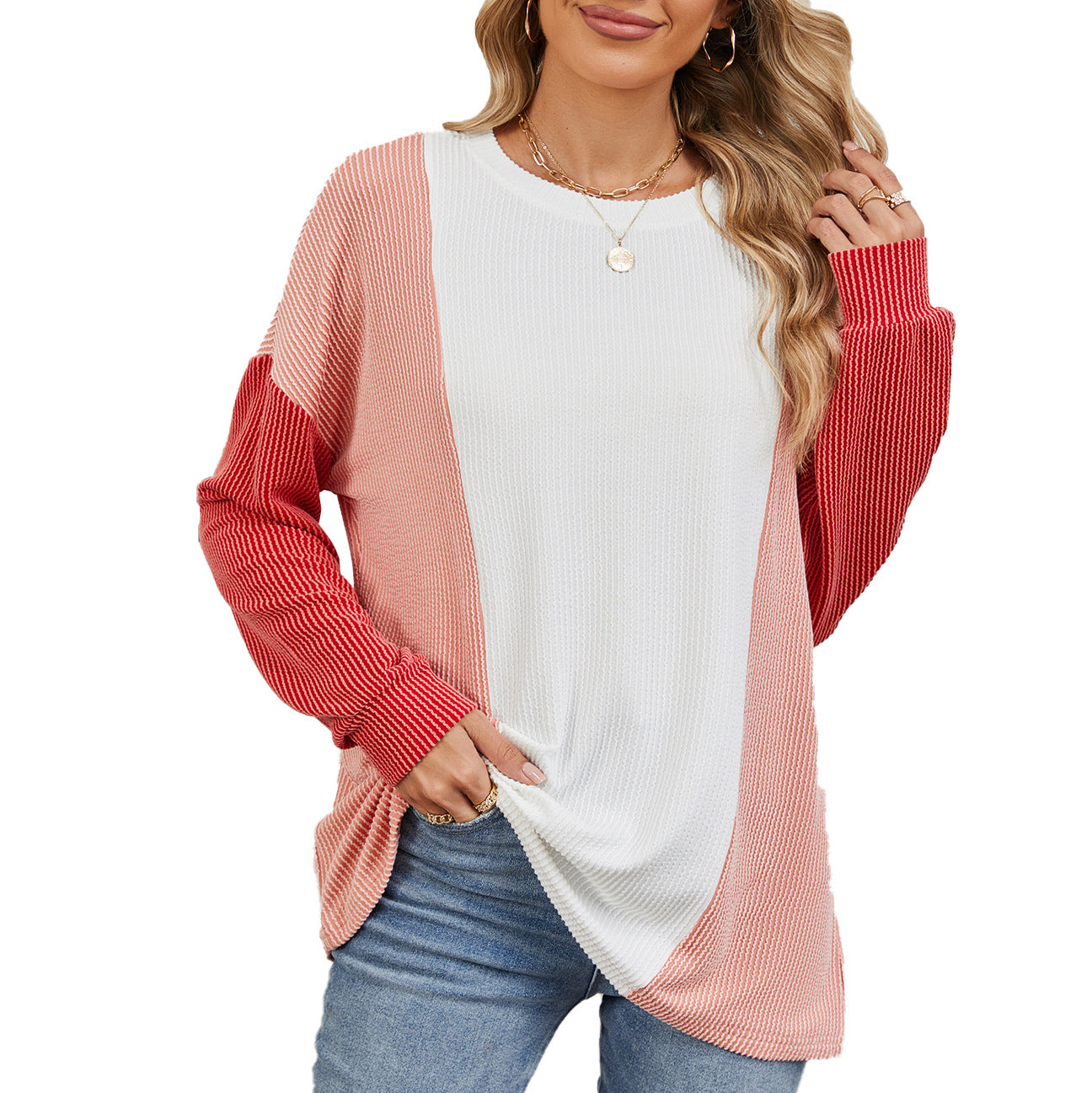 Damen oversized Pullover mit strukturiertem Rippdesign und modernen Farbblockakzenten Stalluxe
