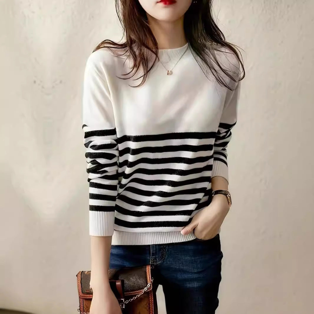 Damen Feinstrickpullover mit maritimem Streifenmuster und Rundhalsausschnitt Stalluxe