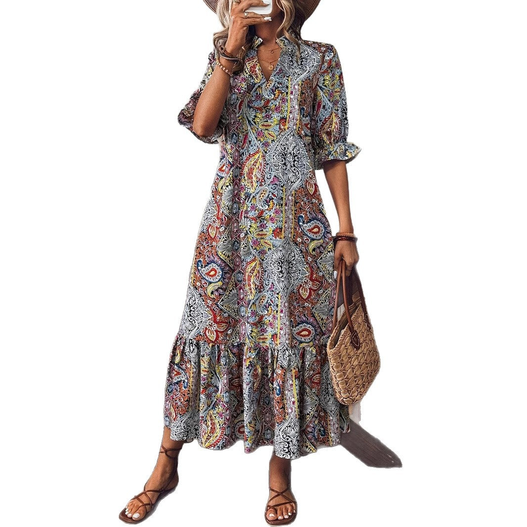 Damen Maxikleid mit buntem Paisley-Muster und modischem Volant Stalluxe