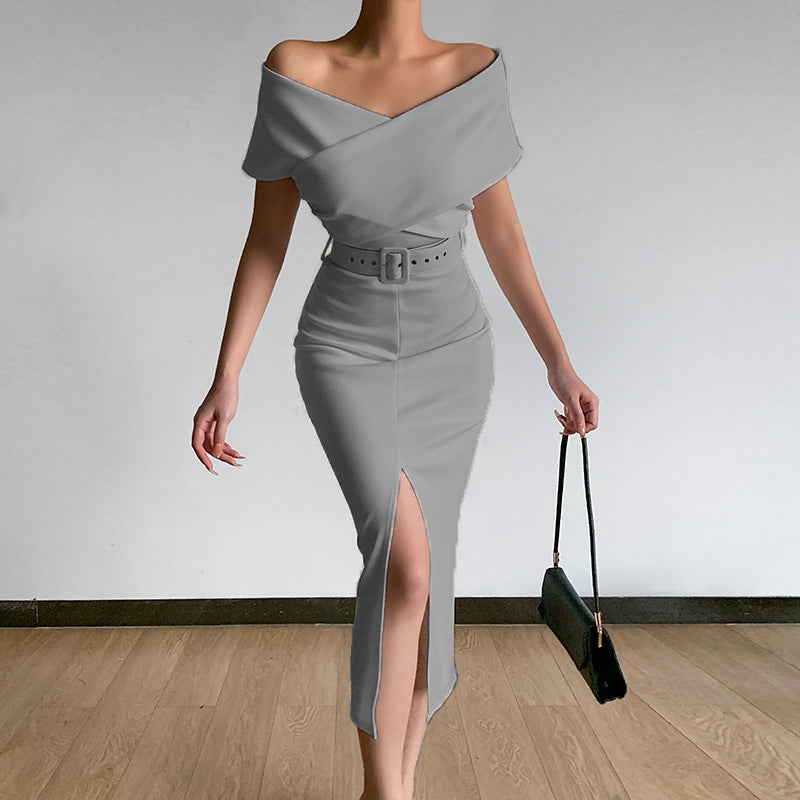 Damen figurbetontes Midi-Kleid mit Off-Shoulder-Ausschnitt und seitlichem Schlitz Stalluxe