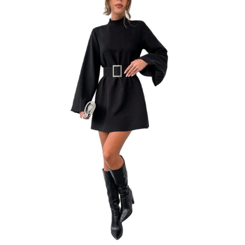 Damen elegante Minikleidung mit Gürtel und langen Ärmeln Stalluxe