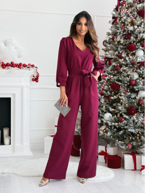 Damen Elegant geschnittenes Jumpsuit mit Taillengürtel und langen Ärmeln Stalluxe