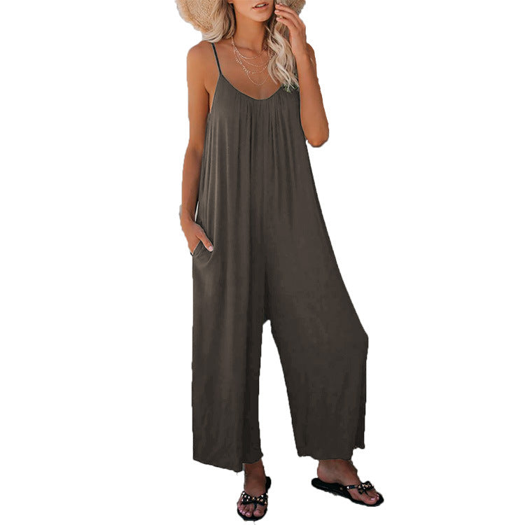 Damen Lässiger Sommer-Jumpsuit mit tiefem Ausschnitt und praktischen Taschen Stalluxe