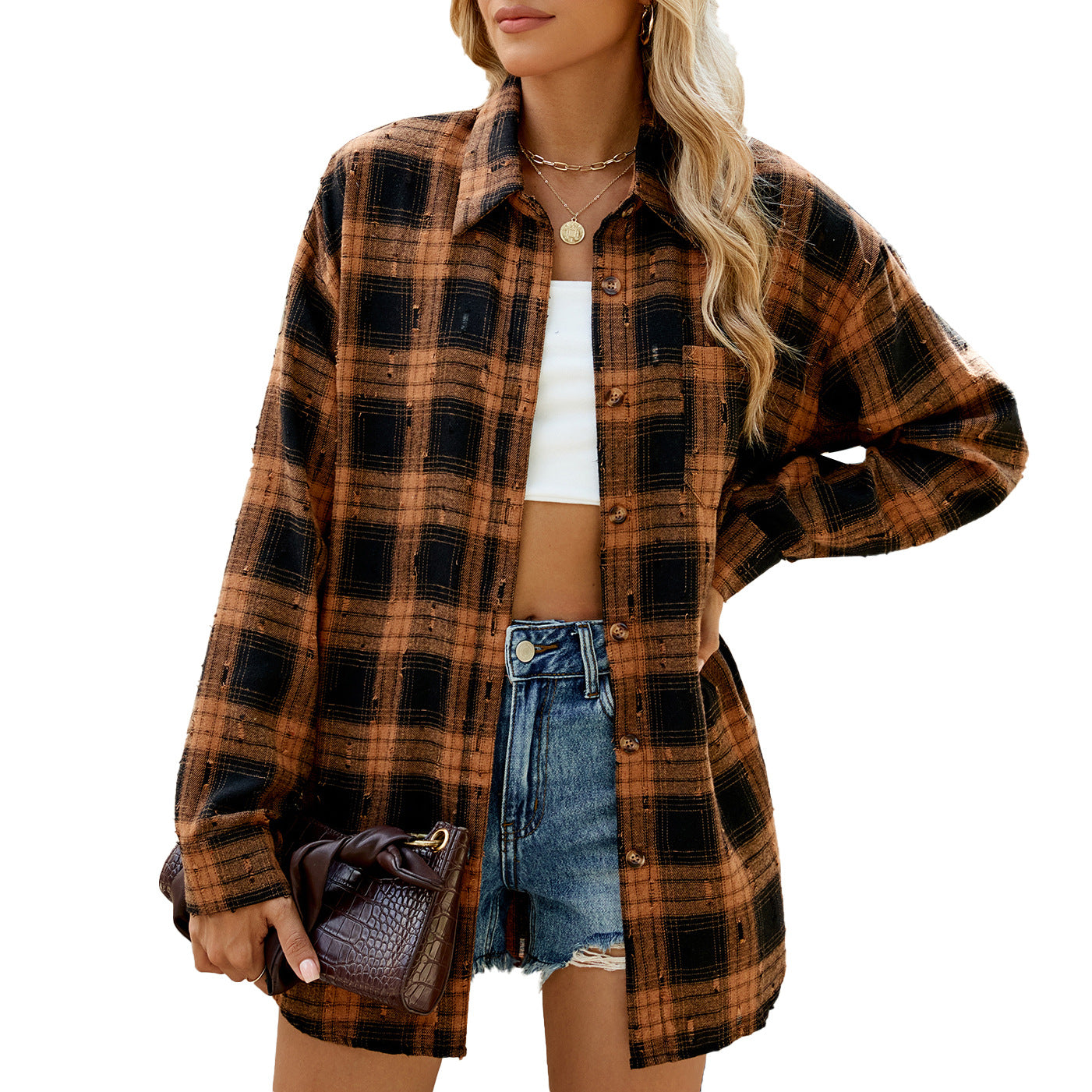 Damen Karierte Flanell-Hemdjacke mit lässigem Schnitt und Holzknopf-Details Stalluxe