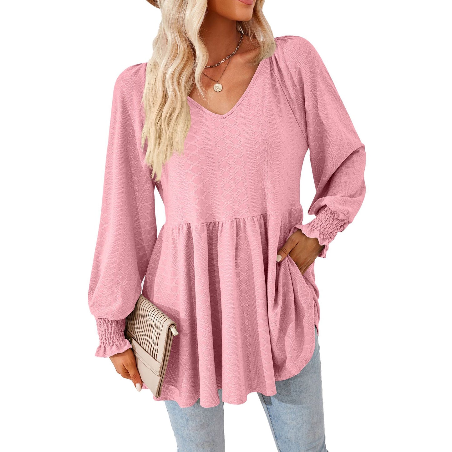 Damen lässiges V-Ausschnitt Blusenshirt mit Rüschen und Taschen Stalluxe