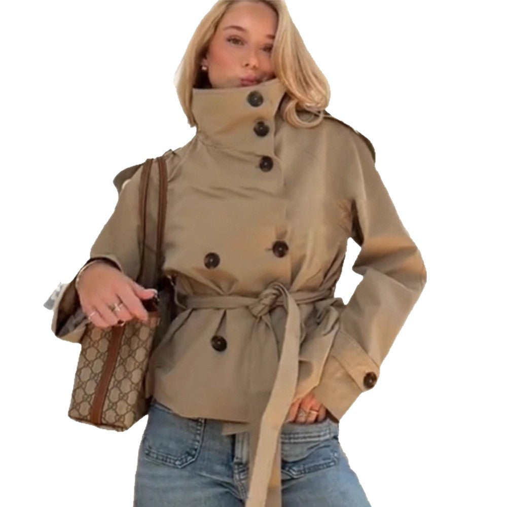 Damen Modische Trenchjacke mit hohen Kragen und Wickelgürtel Stalluxe