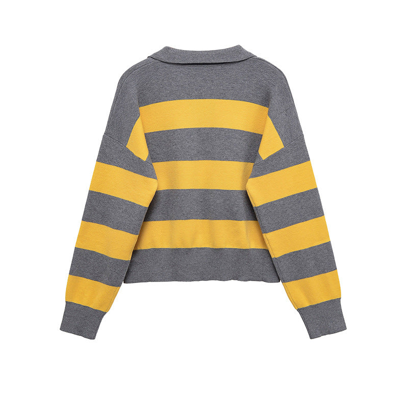 Damen lässiger Strickpullover mit stylisierten Streifen und Polokragen Stalluxe