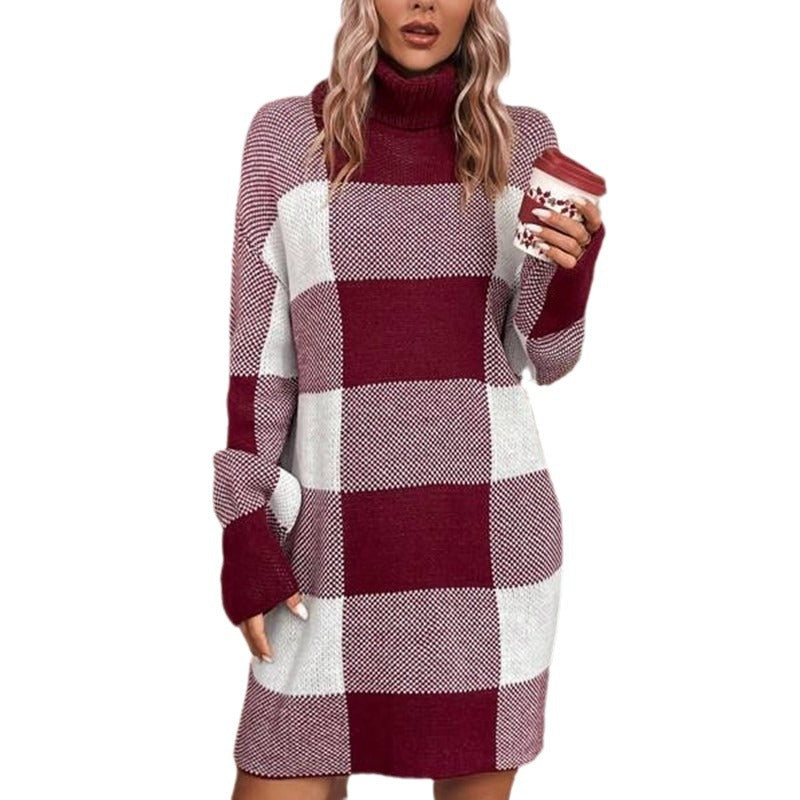 Damen Strickkleid mit hohem Kragen und Karomuster Stalluxe