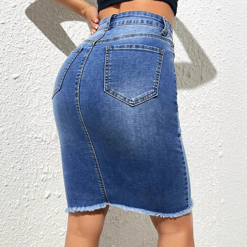 Damen Jeansrock im figurbetonten Schnitt mit fransigem Saum Stalluxe