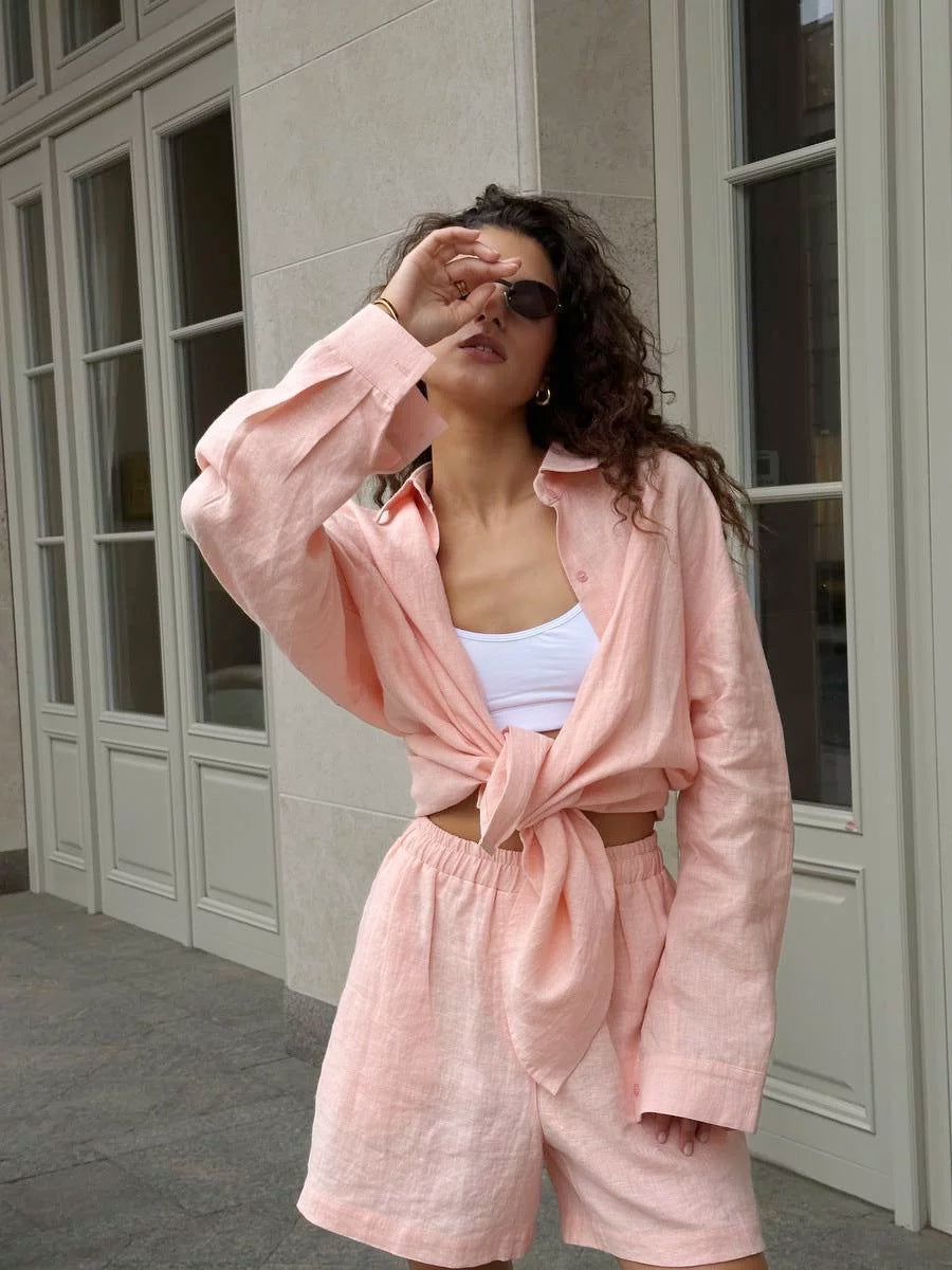 Damen lässige Leinenbluse und Shorts Set Stalluxe