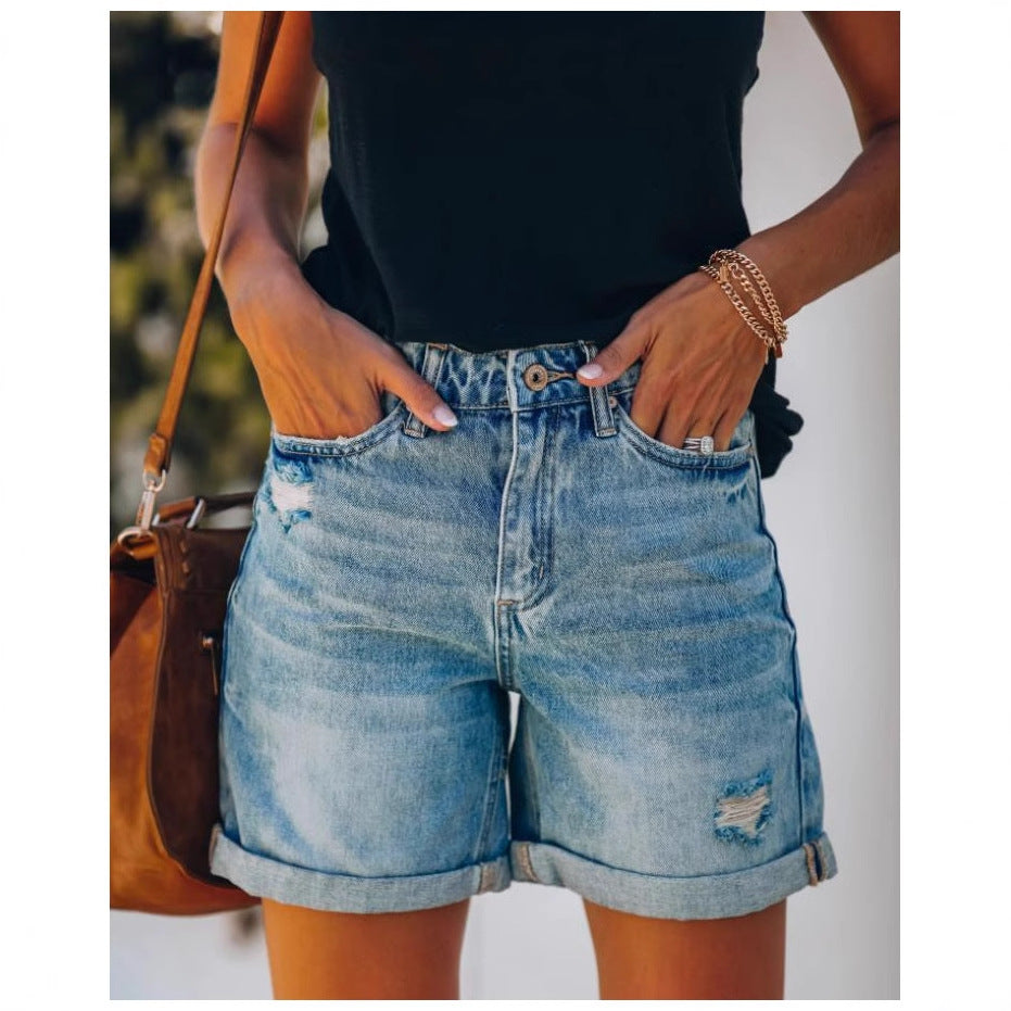 Damen lässige Denim-Shorts mit hochgekrempeltem Saum und Destroyed-Details Stalluxe