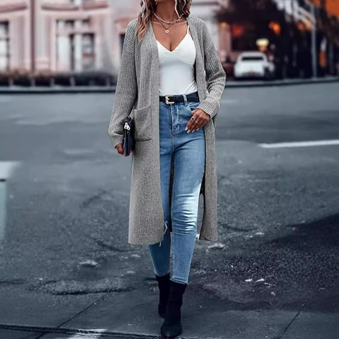 Damen Langer Strickcardigan mit tiefen Taschen und offenem Schnitt Stalluxe