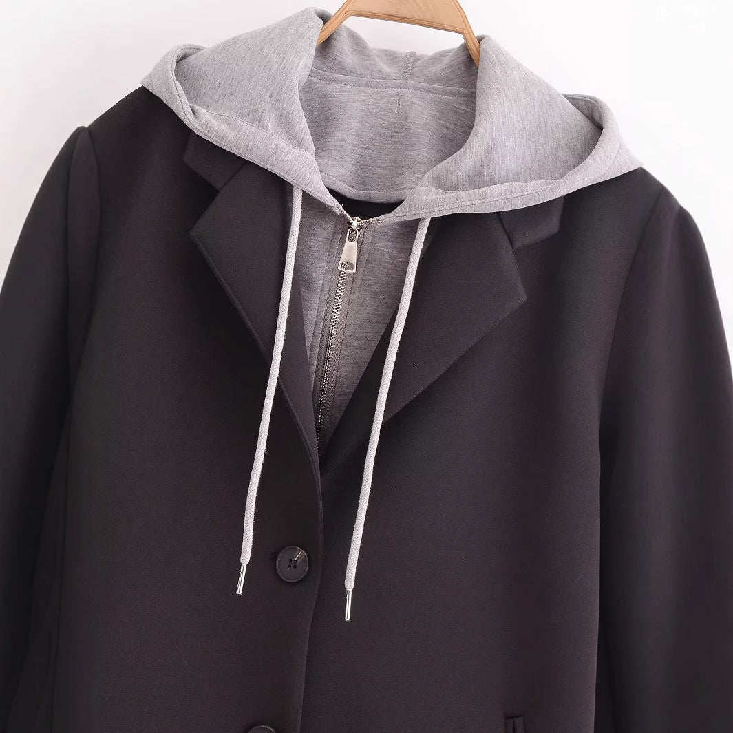 Damen modischer Übergangs-Mantel mit integriertem Kapuzenpullover Stalluxe
