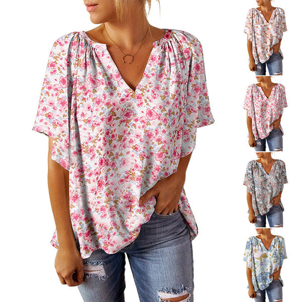 Damen weiches V-Ausschnitt Blusenoberteil mit floralem Design und elastischem Bund Stalluxe