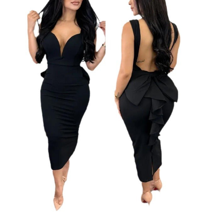 Damen figurbetontes Midikleid mit tiefem V-Ausschnitt und peplum Saum Stalluxe