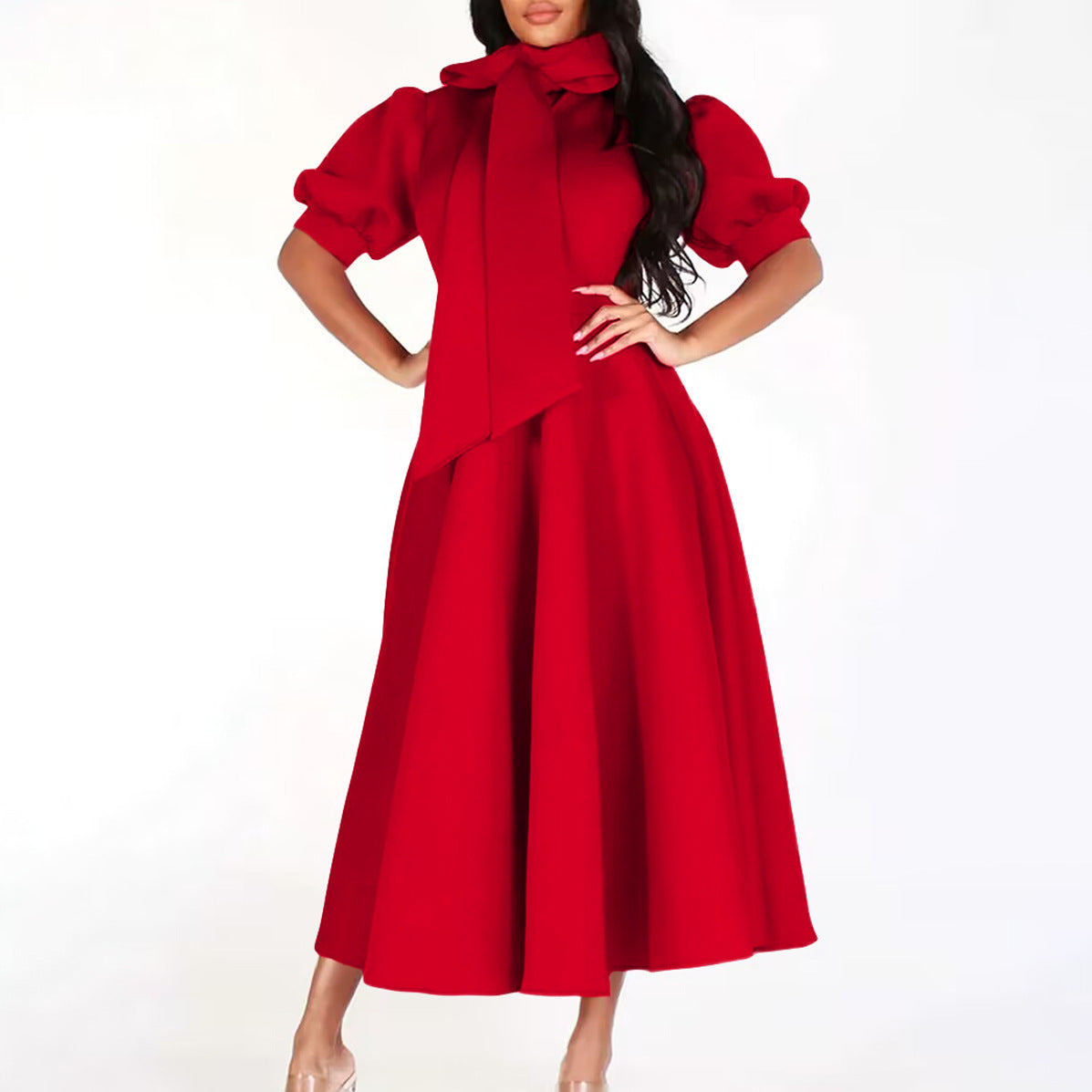 Damen Elegantes A-Linien Kleid mit Schleifenkragen und Volantärmeln Stalluxe