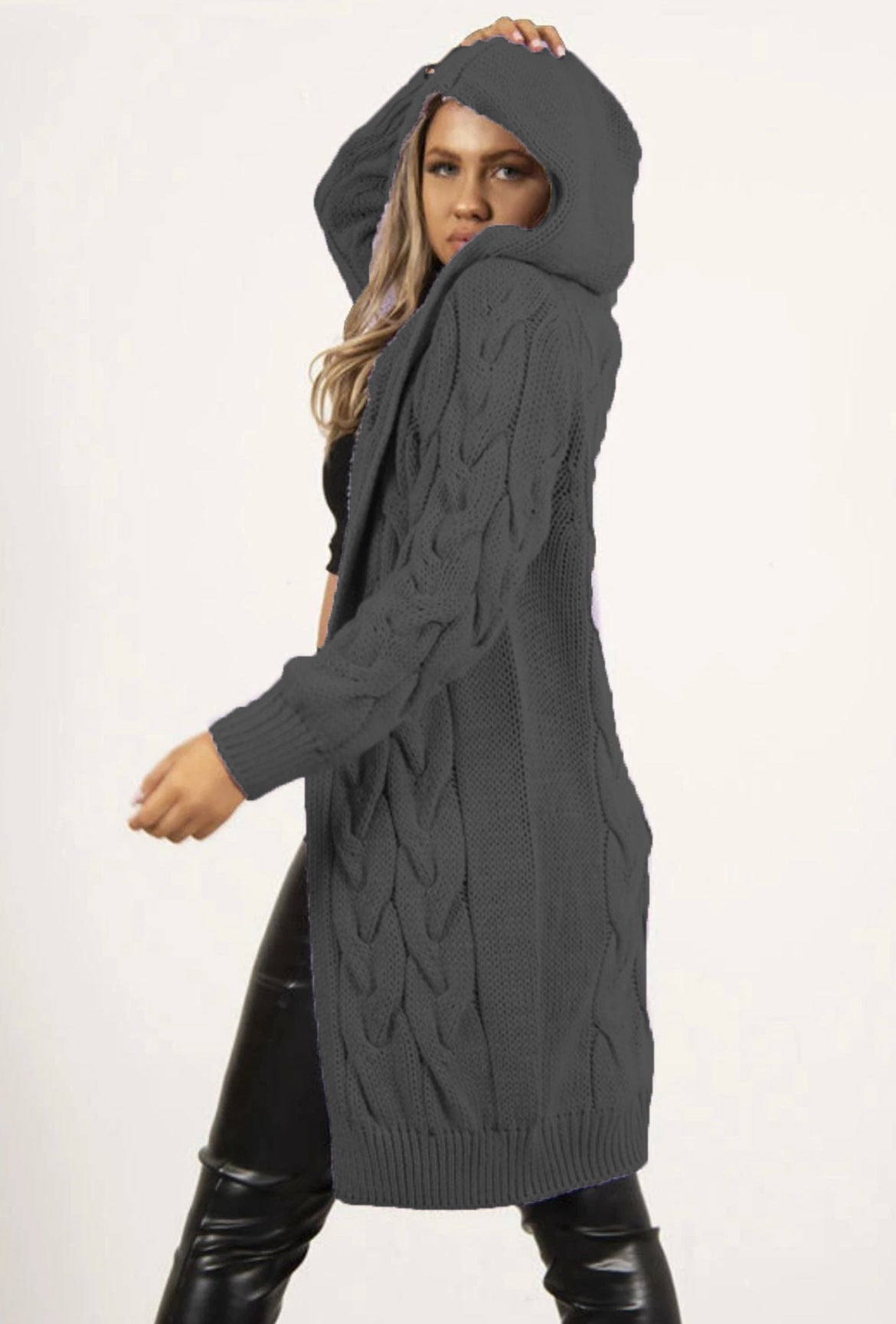 Damen Großer Strickmantel mit Kapuze und aufwendiger Zopfmusterstruktur Stalluxe