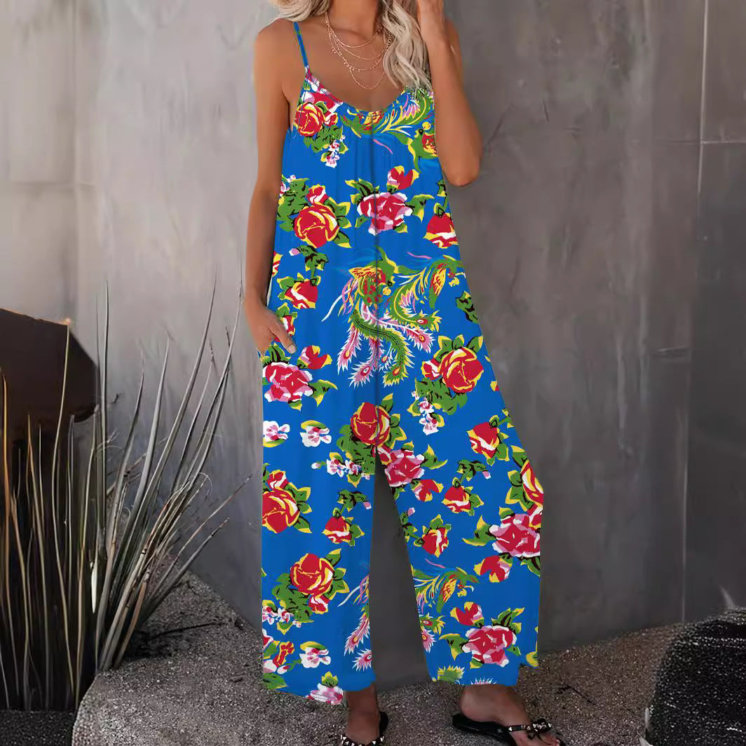 Damen Luftiger Jumpsuit mit floralem Design und verstellbaren Trägern Stalluxe