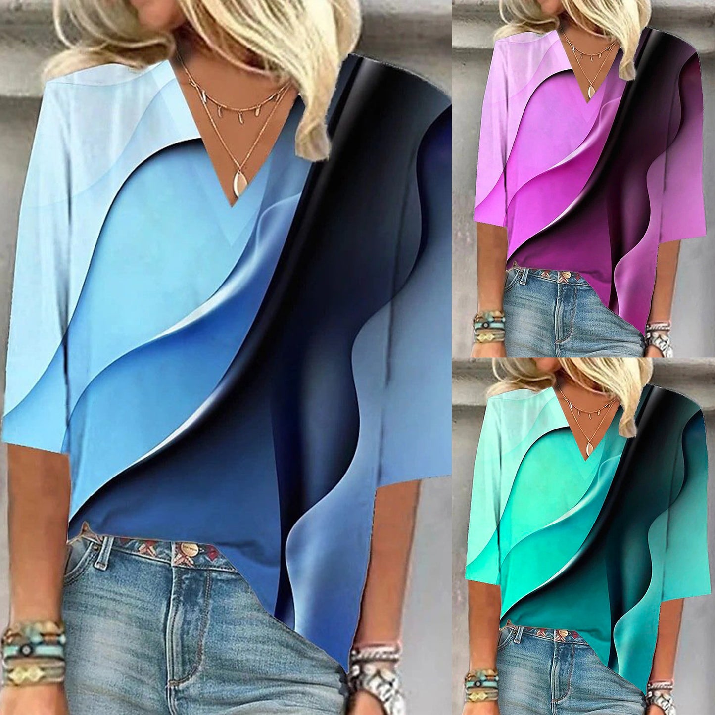 Damen V-Ausschnitt Bluse mit kreativem Wellenmuster Stalluxe