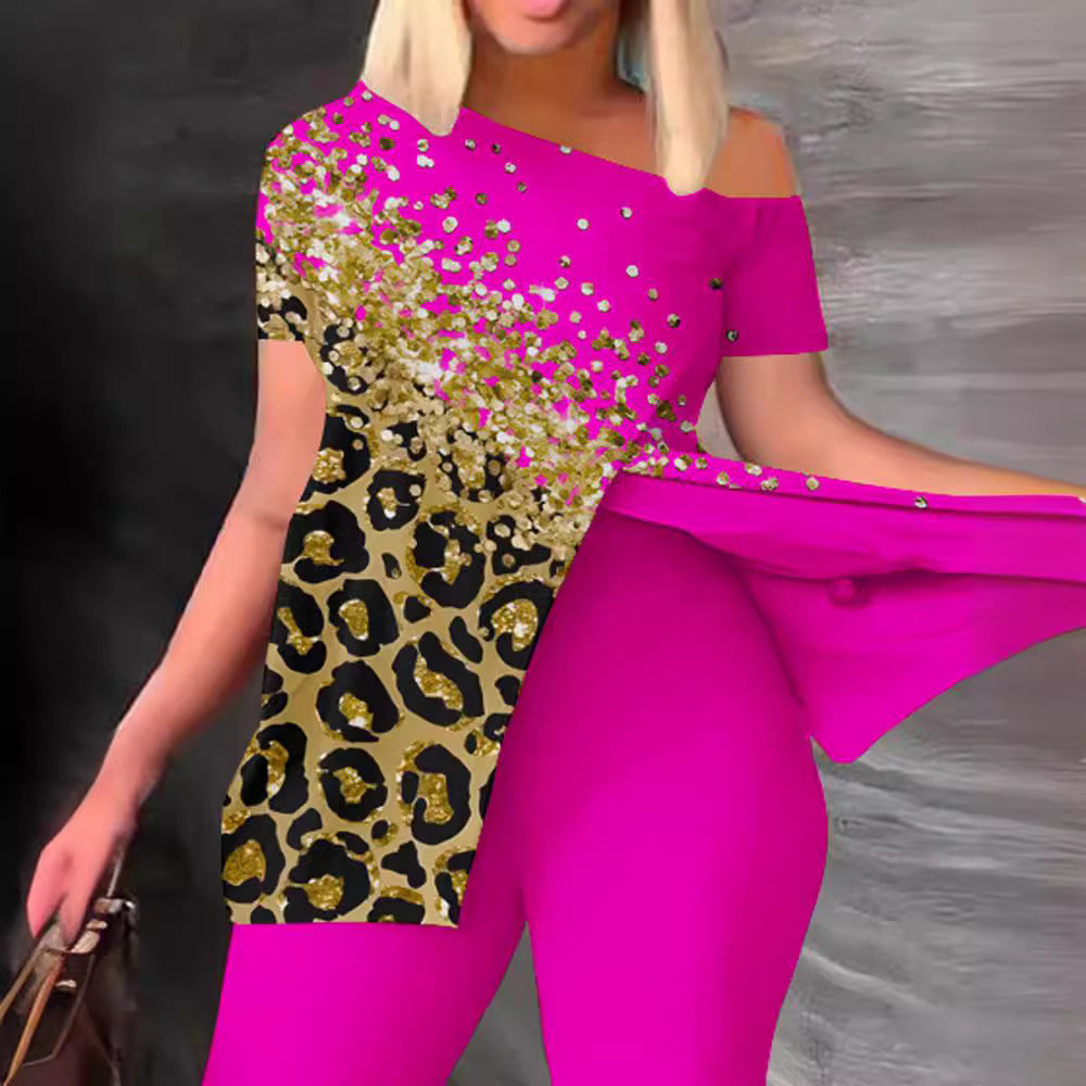 Damen Einseitig Off-Shoulder Jumpsuit mit Animal-Print und funkelnden Akzenten Stalluxe