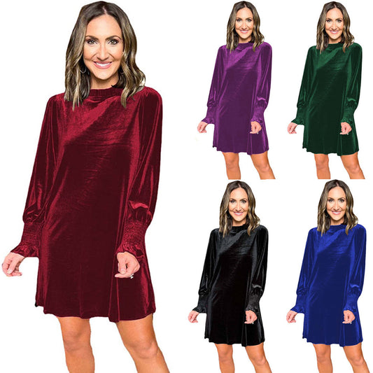 Damen Elegantes Samt-Kleid mit langen, puffigen Ärmeln und steigendem Kragen Stalluxe