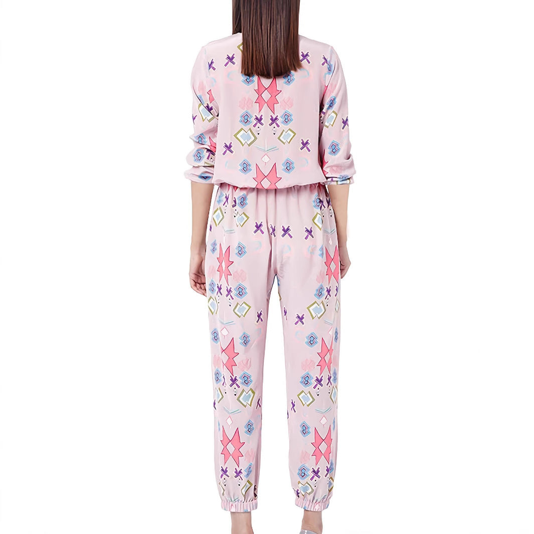 Damen Loungewear Set mit farbenfrohen geometrischen Mustern und elastischem Bund Stalluxe