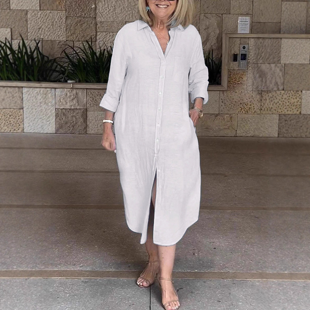 Damen Leichtes Sommerkleid mit Knopfleiste und langen Ärmeln Stalluxe