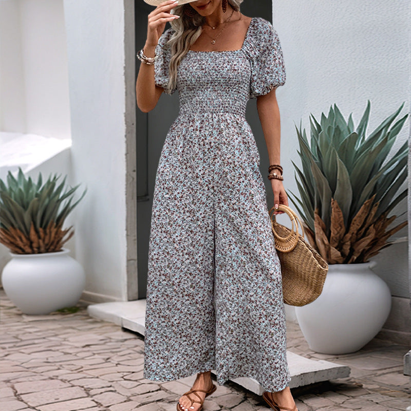 Damen farbenfrohes Blumensommeroverall mit Puffärmeln Stalluxe
