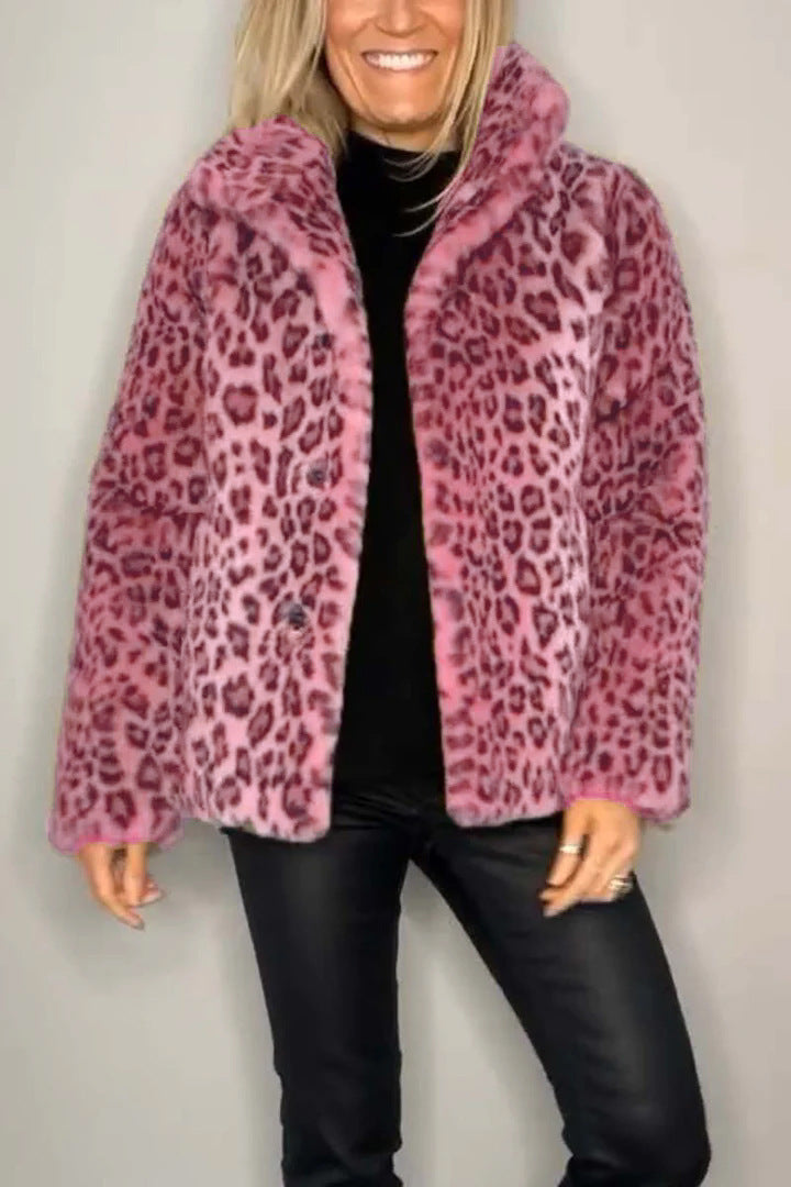 Damen Flauschige Leopardmuster Jacke mit hohem Kragen Stalluxe