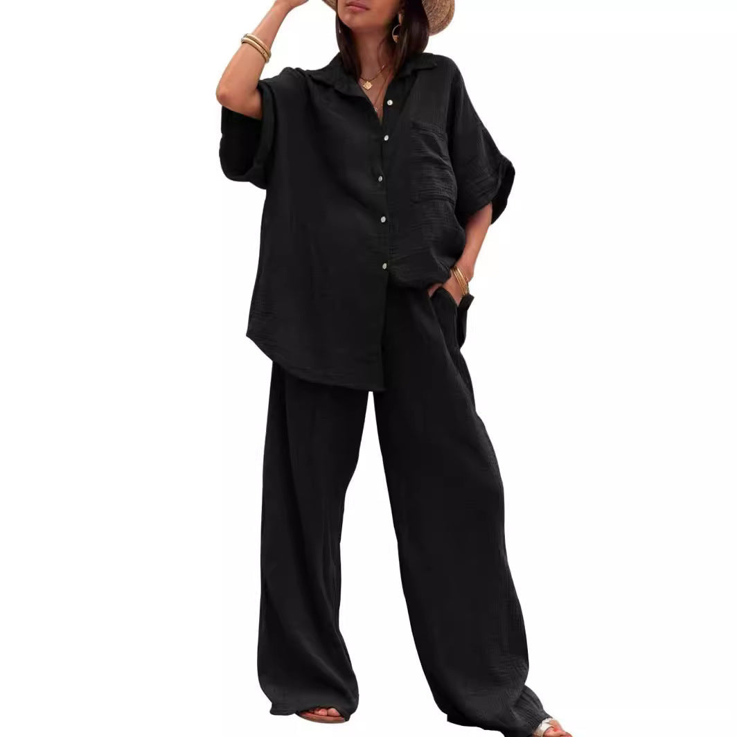 Damen luftiges Oversize-Hemd und weite Hose Set Stalluxe